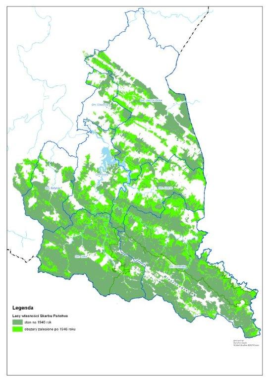 Mapa lasów własności Skarbu Państwa w obszarze nadleśnictw: Cisna, Baligród, Lutowiska, Stuposiany i Ustrzyki Dolne oraz Bieszczadzkiego Parku Narodowego. Jasnozielonym kolorem zaznaczono lasy posadzone po wojnie. Opr. Stanisław Gazda. Wydział Zasobów RDLP w Krośnie.